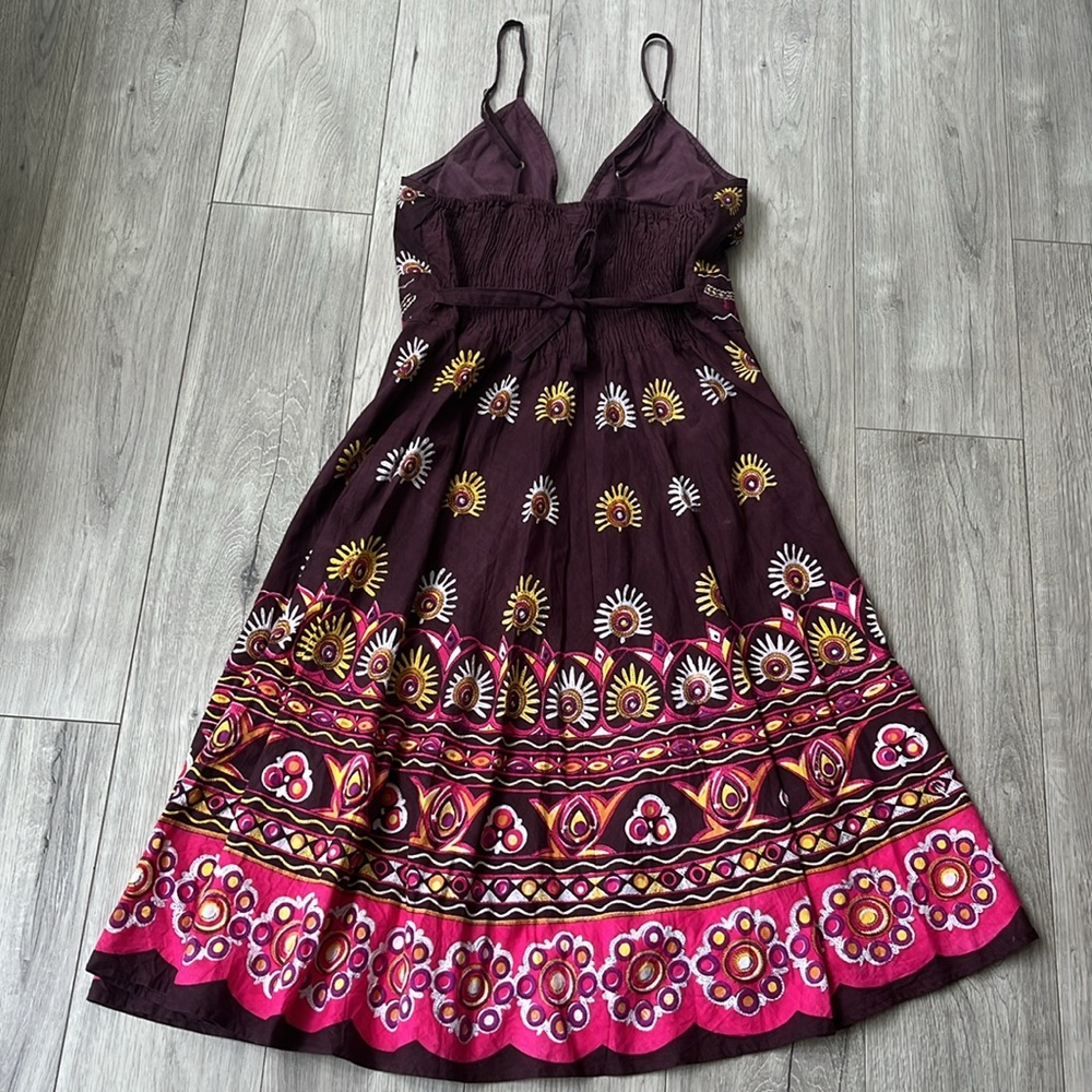 Y2K V Neck Embroidered Sundress chocolate brown, pink, yellow, and orange - Picture 2 of 5